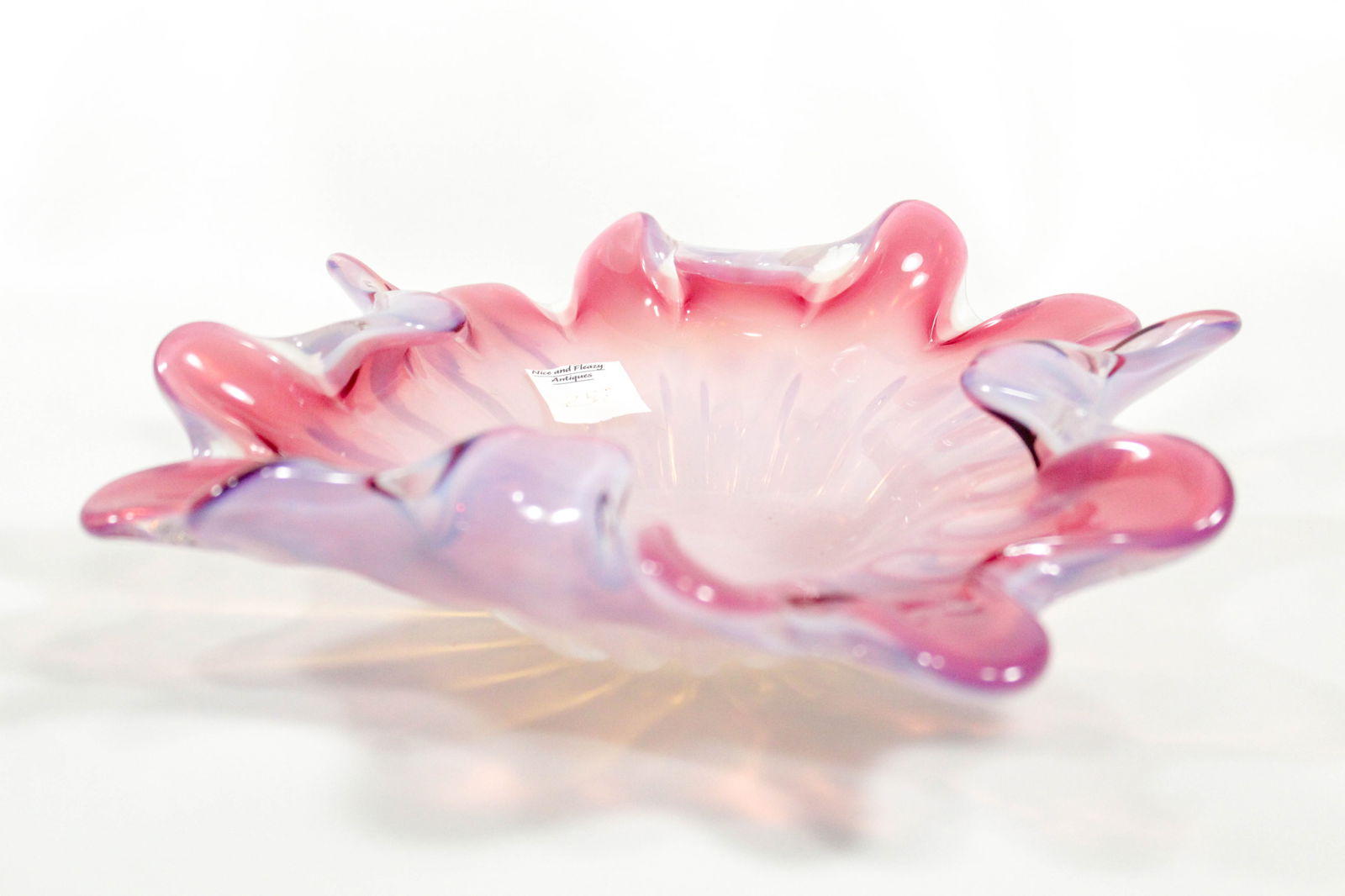 Pink opaline glass ruffled Murano style candy dish. (1 of 8)