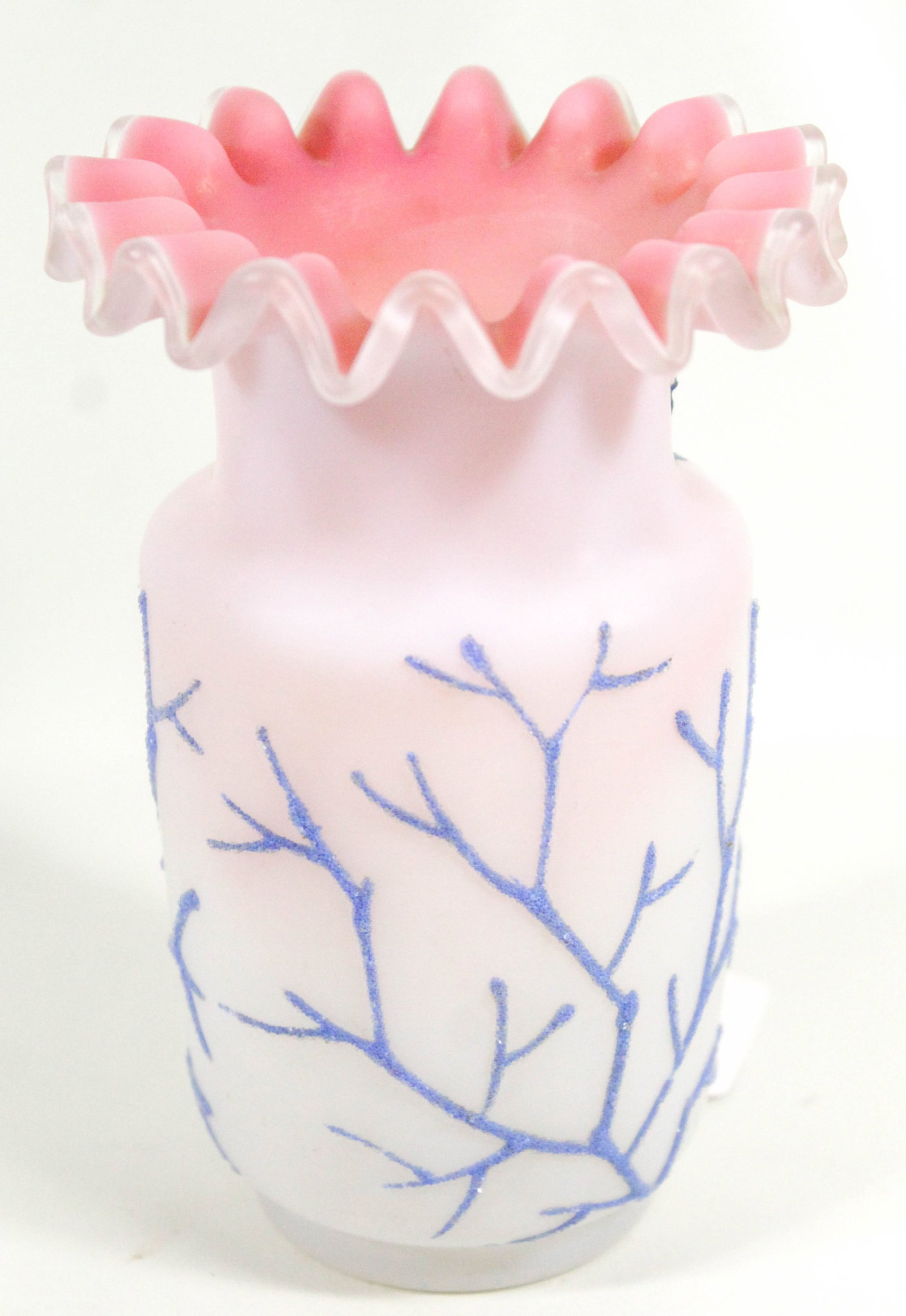 English Coralene art glass vase with ruffled rim.: English Coralene art glass vase with ruffled rim Has blue branches all around.