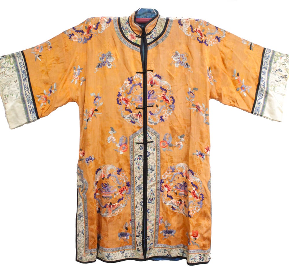 Antique Chinese Qing Burnt Sienna embroidered silk robe (1 of 16)