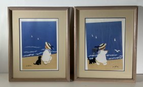 Pair of Sweet Little Girl at Beach Prints signed D. Ethier