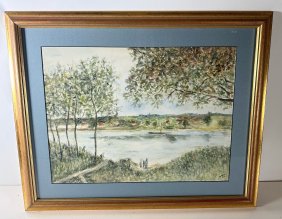 Watercolor Landscape with Water signed illegibly