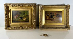 Two Antique Oil Paintings of Baby Chicks and Chickens