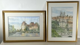 Painting of The Chateau a Bazouges-sur-le-loir and another painting of French town