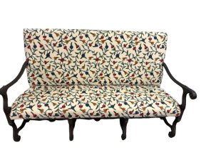 Carved Wood Settee Upholstered in Crewel Fabric