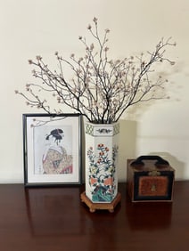 Vintage Overjoy Hand-painted hexagon Floral Vase with Wooden base Hong Kong