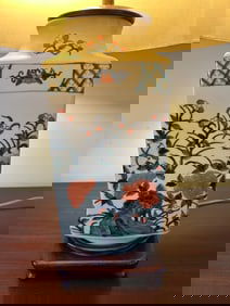 Vintage Overjoy Hand Painted Square Ginger Jar Style Porcelain Lamp Hong Kong