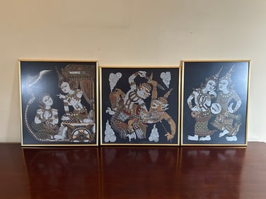 Beautiful Set of 3 traditional paintings done on raw silk Thailand