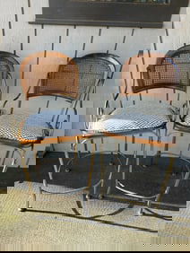 Pair of Cane, Wood and Wrought Iron Drexel Heritage Bar Stools