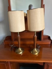 MCM Pair of Laurel Wood and Brass Table Lamps with a Drum Shades