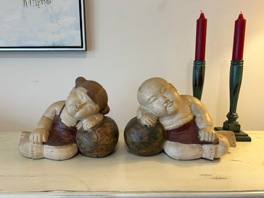 Vintage Asian Carved Wood Sleeping Boy & Girl Figurine Bookends