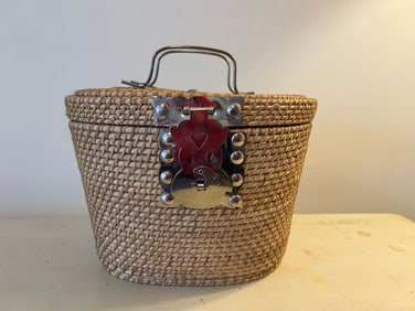 Vintage Chinese Traveling Tea Set in Woven Basket