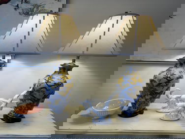 Vintage Chinoiserie Porcelain Table Lamps in Soft Yellow and Bright Blue Motif