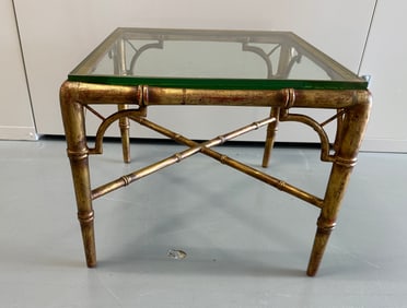 Hollywood Regency Gold Gilt Faux Bamboo End Table with Glass Top