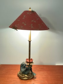 Vintage Frederick Cooper Brass Table Lamp with Frog, Lilly Pad & Dragonfly