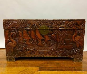 Antique Chinese Hand Carved Camphor Wood Chest, Late 19th Century