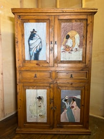 Hand Painted Lacquered Pine Cabinet made in Mexico
