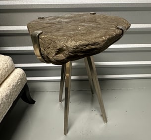 Handmade Natural Bedrock Stone and Polished Steel End Table