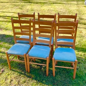 Set of Six Ladder Back Light Wood Dining Chairs