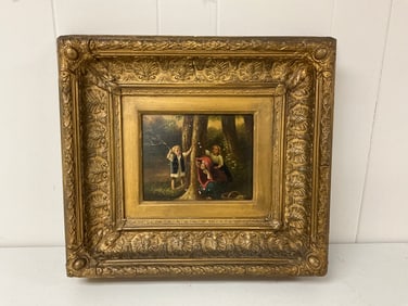 “Three Children Playing in a Wood” Oil on Metal Artist Unknown