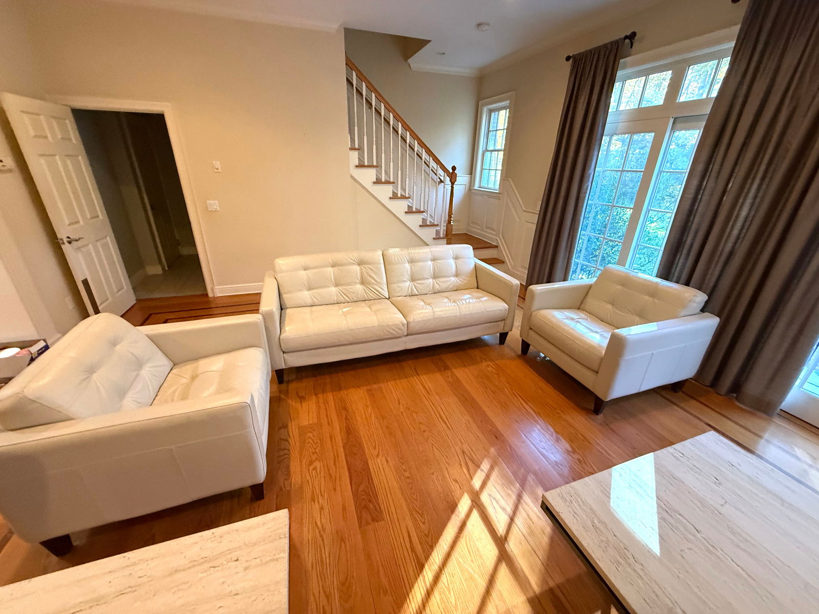 Cream Leather Living Room Set from Macy’s: Gorgeous Cream Leather Sofa and two chair set from Macy's Couch 85x36x35 2 Chairs 37x35