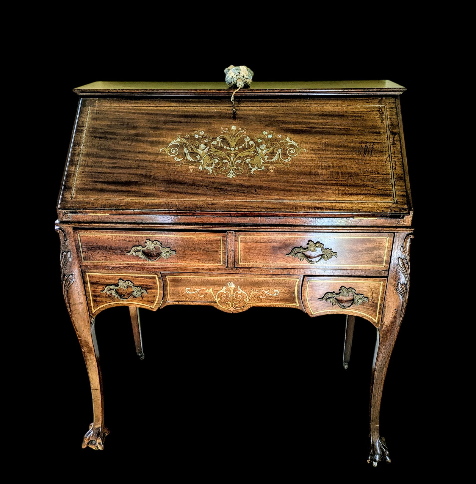 Antique Secretaries Desk: French Louis Style. Featuring elaborate marquetry and ornate brass.23x8x32