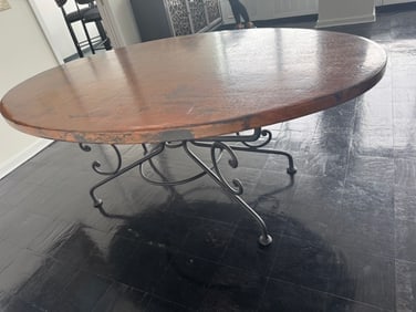 Arhaus Recycled Copper Dining Table: Arhaus Recycled Copper Dining Table. Measures 77 x 44. This oval dining table is a beautiful collection to any room.
