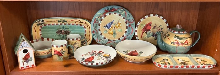 Lenox Winter Greetings Everyday Dinnerware Set: A collection of Lenox Winter Greetings Everyday dinnerware set and serving pieces. This 58 piece set features a festive design with various winter birds like cardinals, nuthatches, and chickadees, alo