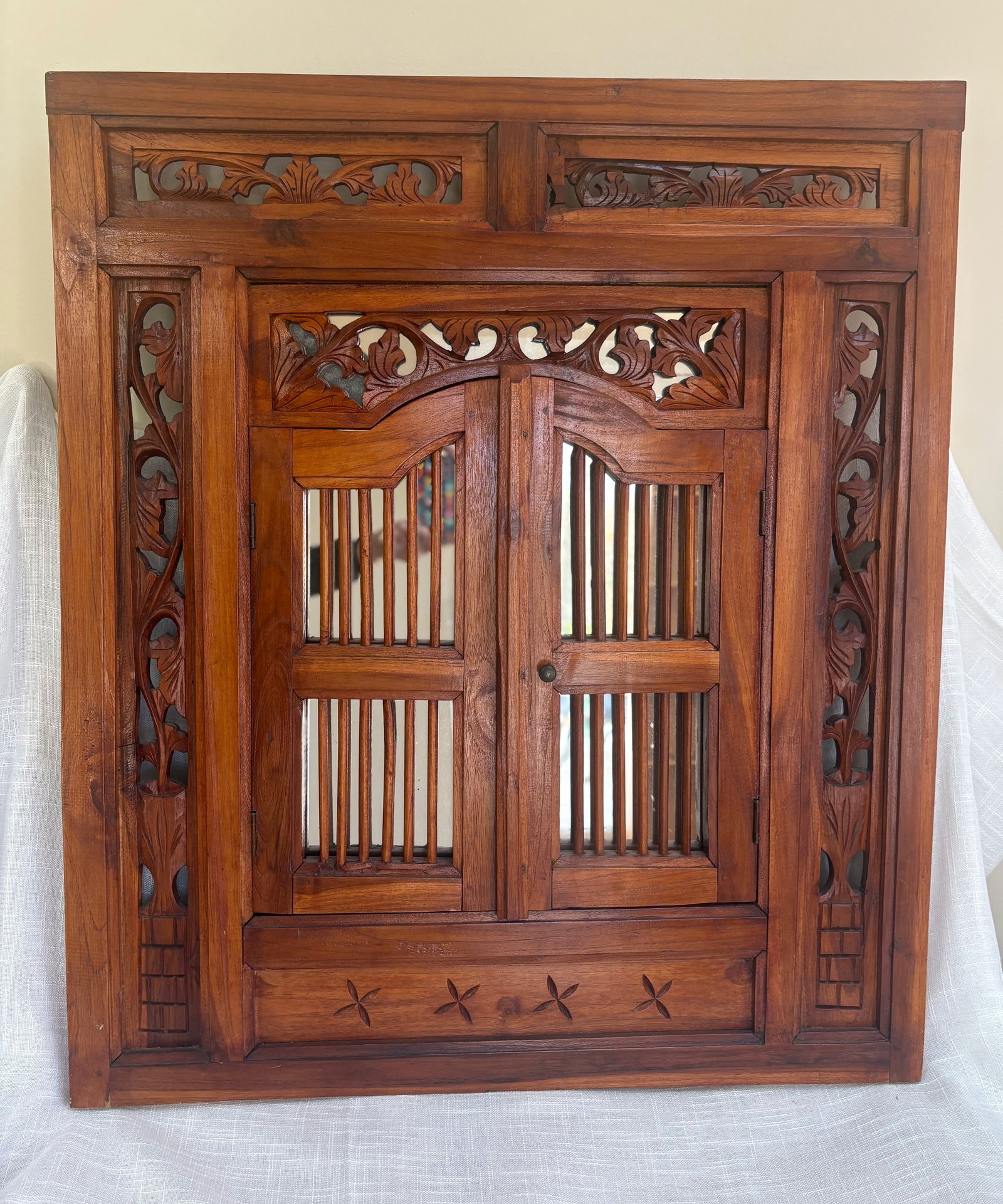 Vintage Asian Balinese Hand Carved Teak Wall Mirror: Shutter Panel Doors 31x35