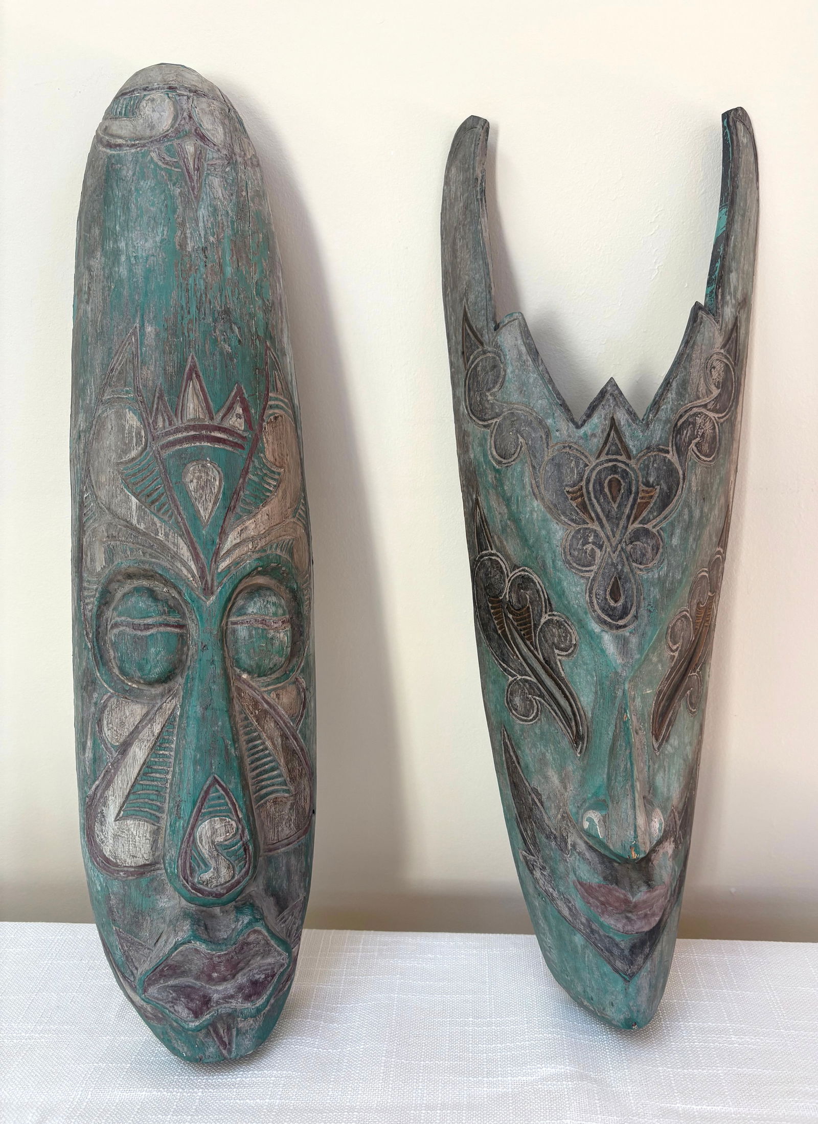 Vintage Hand Carved Tribal Masks - Set of Two: Painted Wood With Metallic Accents 6x19.5