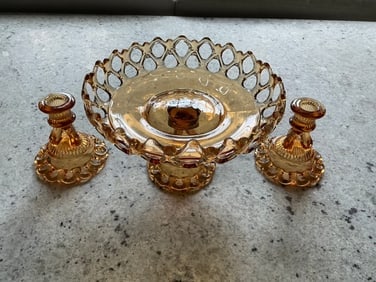 Vintage Westmoreland Amber Glass Doric Lace Edge Reticulated Pedestal Compote & Candle: Vintage Westmoreland Amber Glass Doric Lace Edge Reticulated Pedestal Compote and pair of matching candle holders. This set features the lace design edging and is in excellent vintage condition. Measu