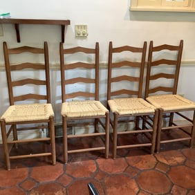 Set of 4 Vintage Wood Ladder Back Shaker Woven Rush Dining Chairs: Set of four vintage Wood Ladder Back Shaker Woven Rush Dining Chairs. Set is in very good condition. Approx measurements: 42” H x 16” D x 17.5” W.
