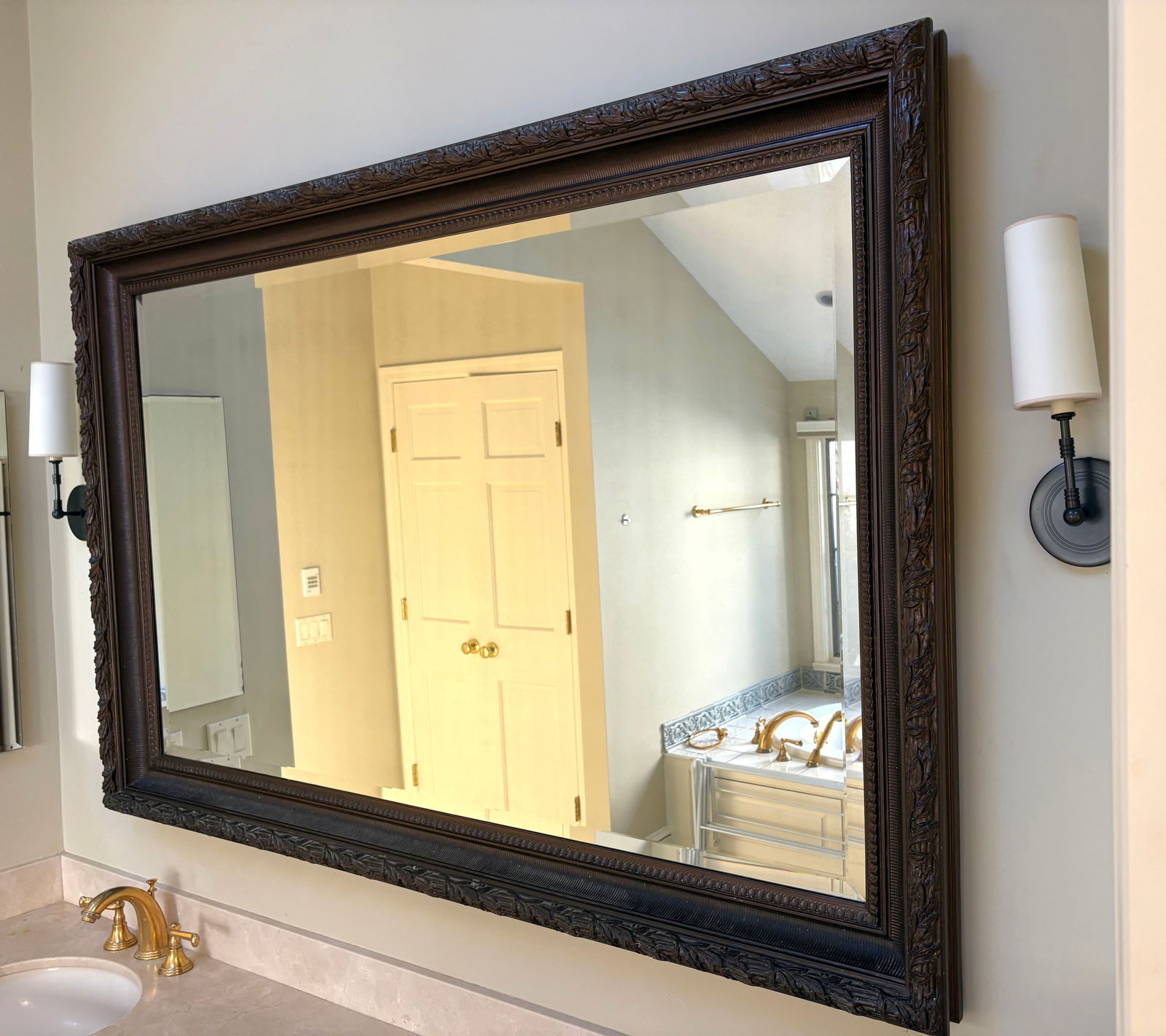 Large Mirror with Decorative Carved Wood Frame: Very large Decorative Wood Mirror. 69x45