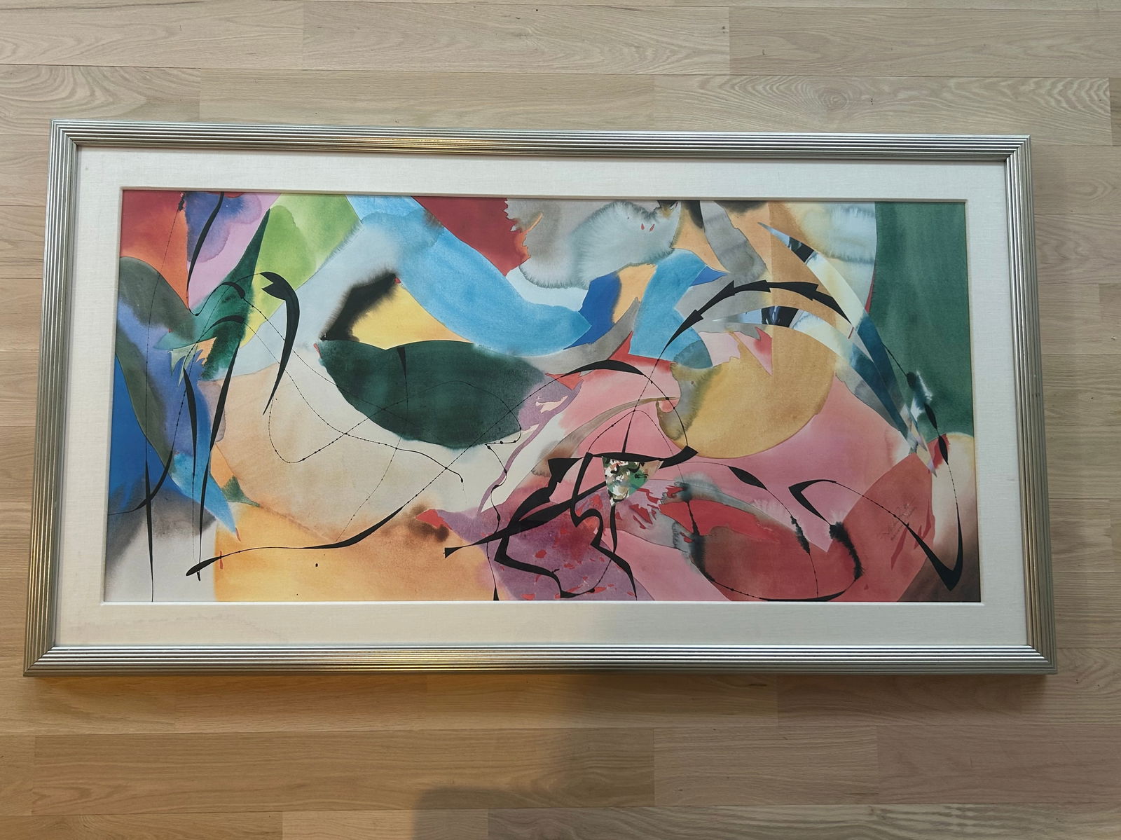 Vintage Lithograph “Boomerang Arrows” by Peter Kitchell: This is an offset lithograph abstract expressionist piece “Boomerang Arrows” created in 1989 by Peter Kitchell. The artwork is in good vintage condition and measures 67” x 37”.