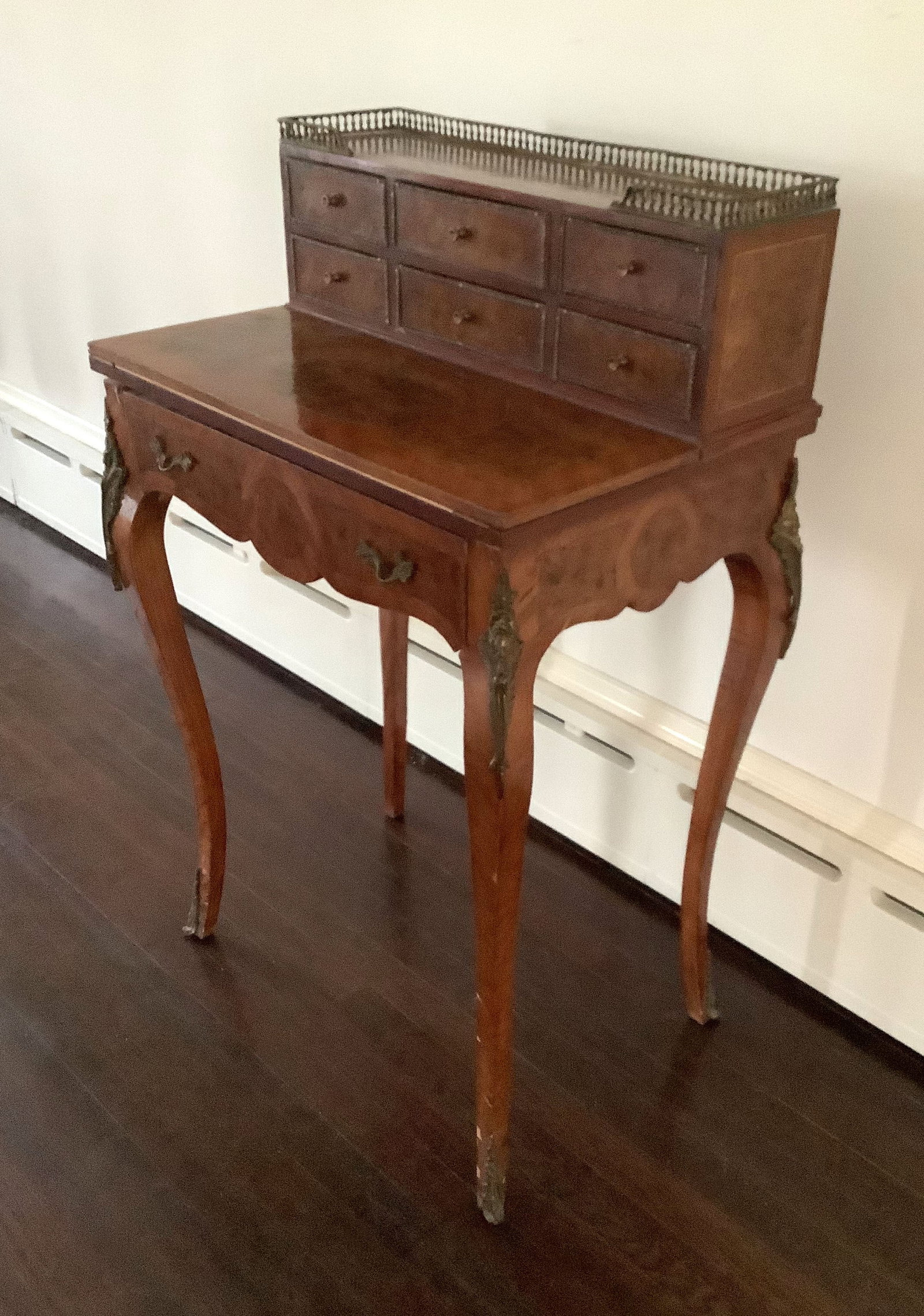 Louis XV-style Burlwood Lady's Writing Desk: Marquetry Inlay and Bronze Mounts. 24x17x30