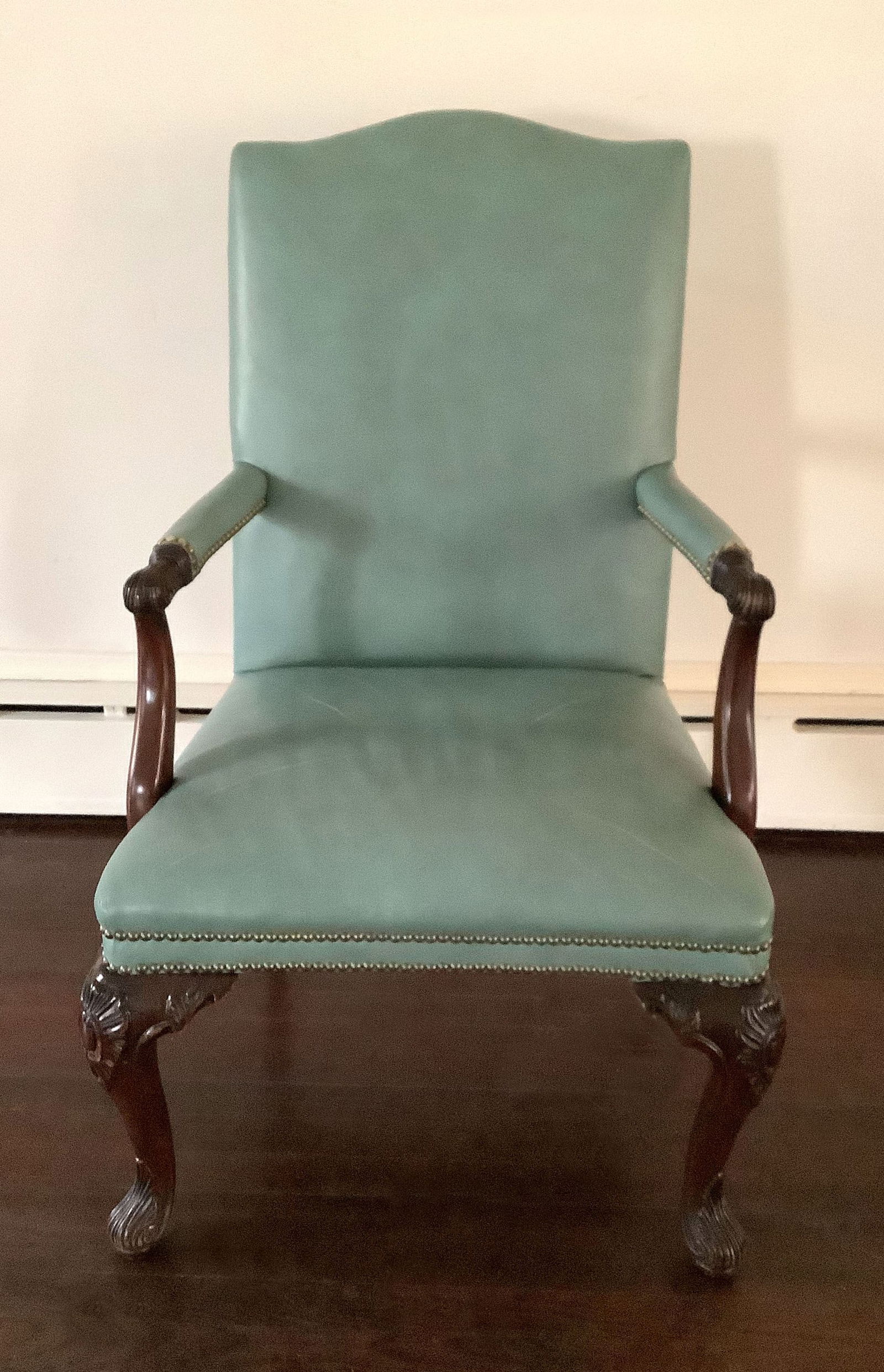 Chippendale Style Armchair: Mahogany Armchair in Foam Green Leather. Extra Fabric Included. By Hickory Chair Company