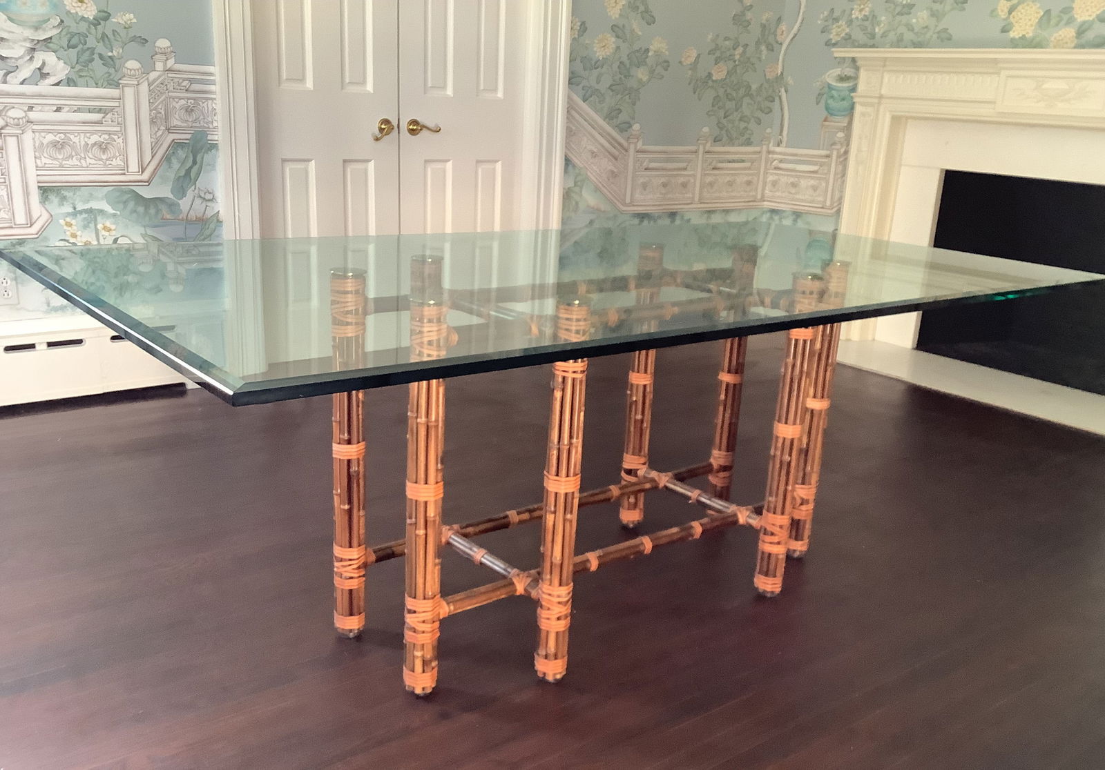 McGuire Organic Modern Bamboo Rectangular Dining Table: Genuine McGuire Bamboo dining table made in the California Coastal organic modern style, comes with large beveled glass top. 82x42x29.5