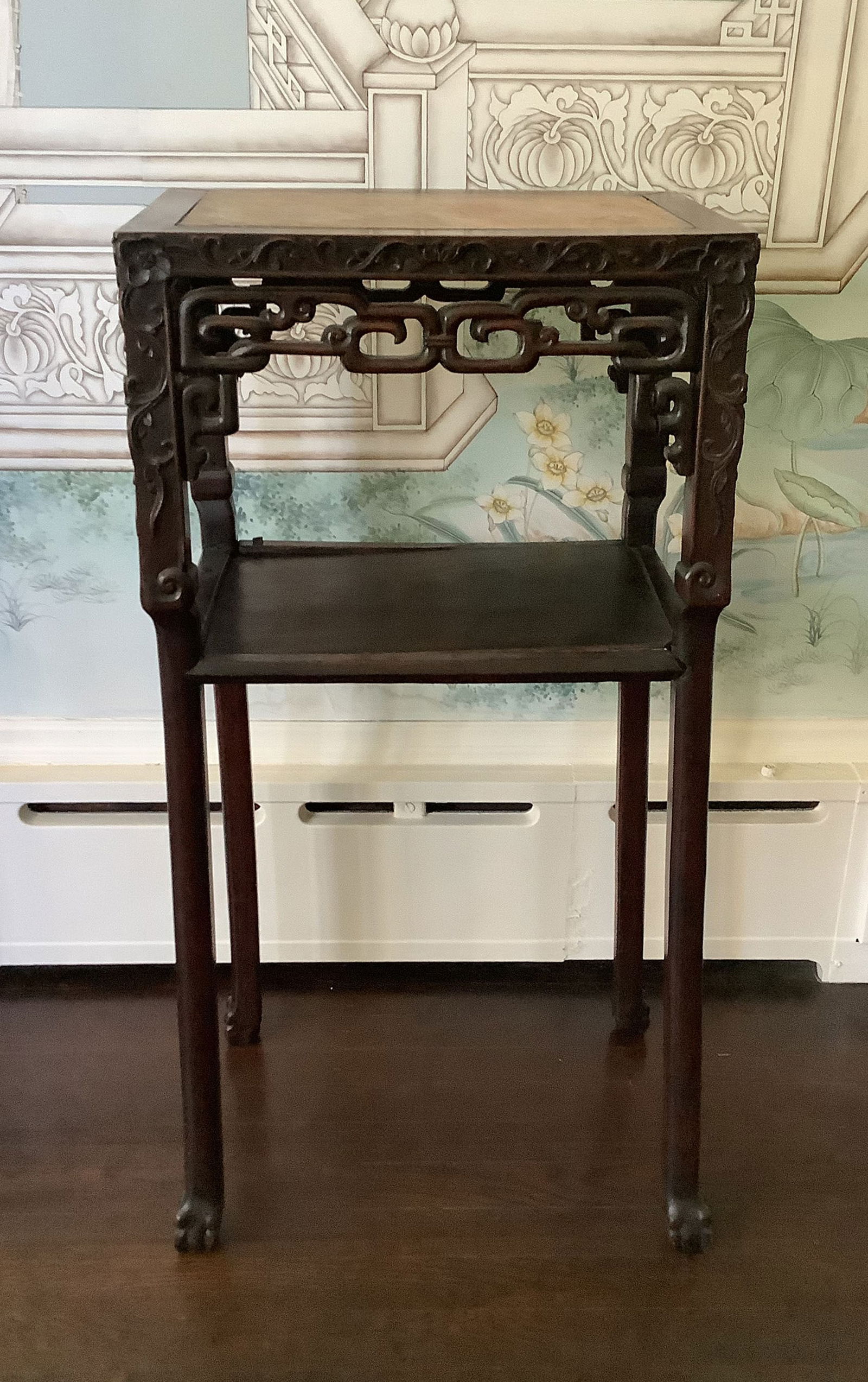 Antique Chinese Carved Pedestal or Plant Stand: Hand Carved Marble Pedestal or Plant Stand. This piece a a bit wobbly and needs a little love, but beautiful regardless. 16x12x32