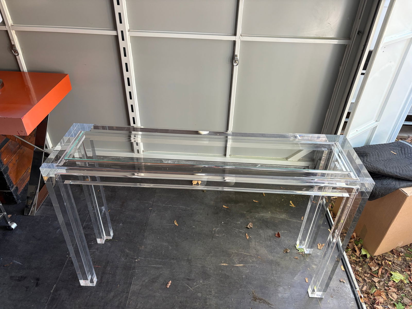 Interlude Console Table: This is a beautiful think lucite and glass top interlude console or sofa table. 48x12x32