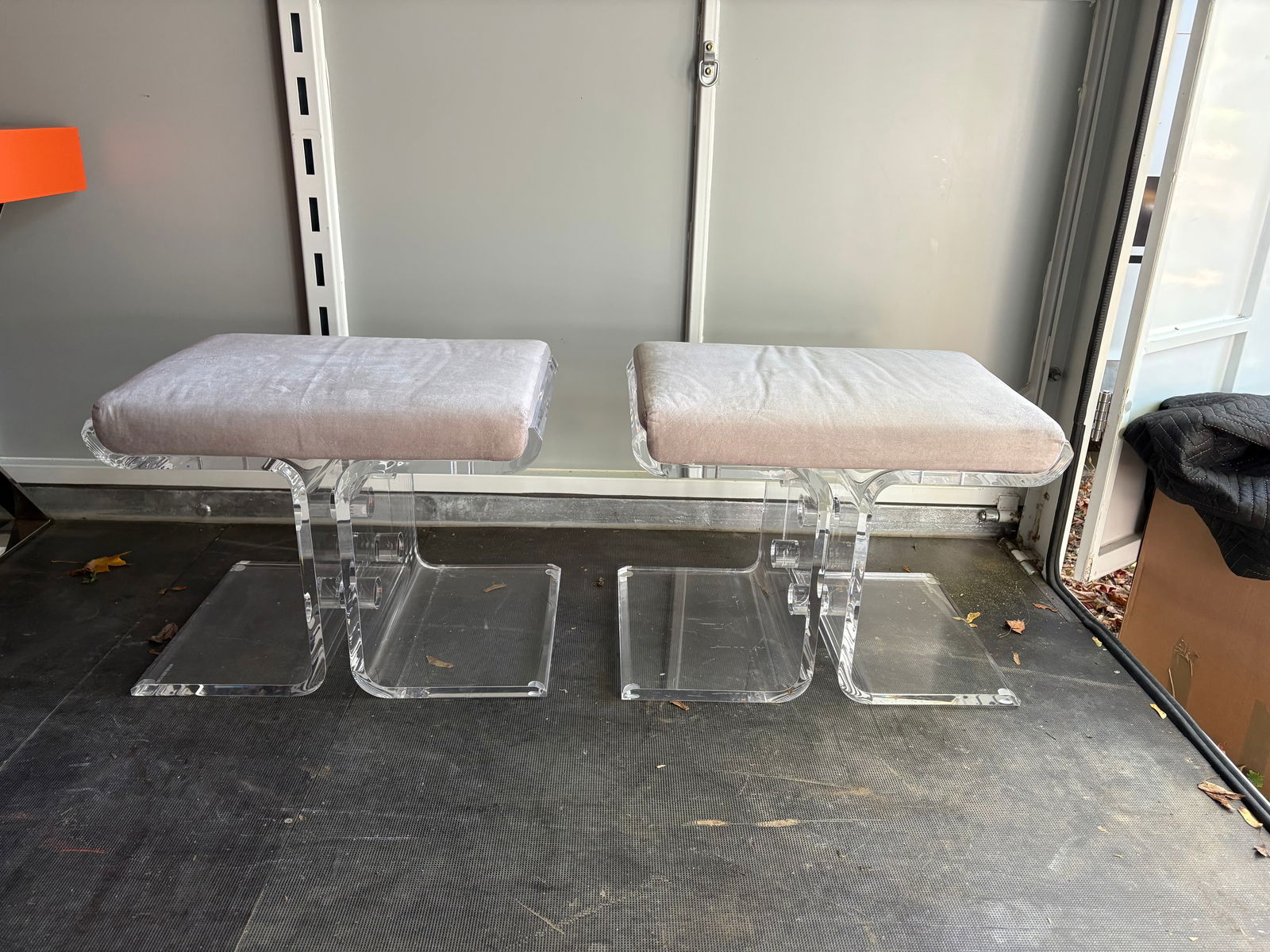 Interlude Lucite Stools/Benches: Set of 2 Interlude Thick lucite Vanity Stools or Benches with upholstered cushion. 24x16x18