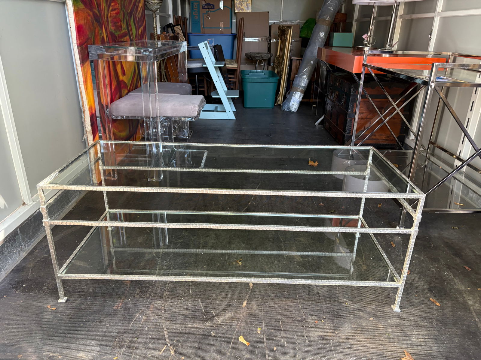 Coffee Table: Chrome and glass coffee table. 48 x 28 x 18