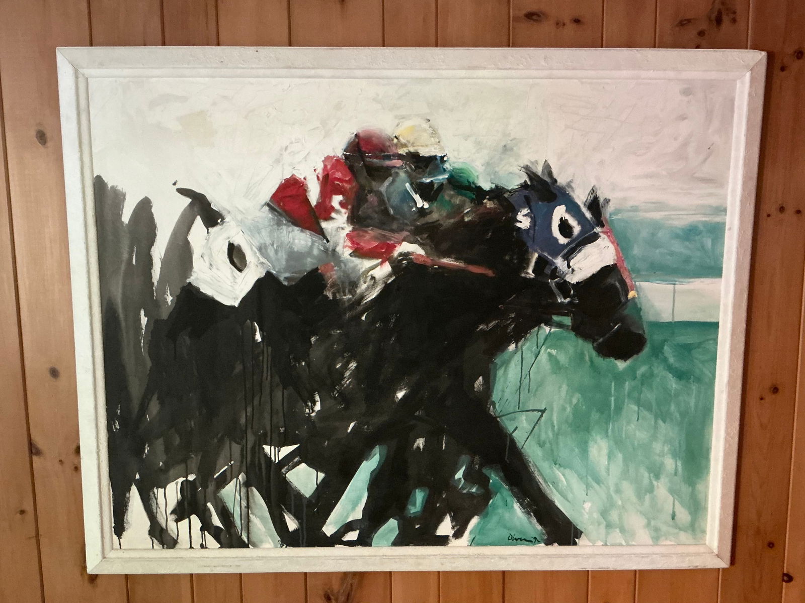 Abstract Expressionist Painting "Horse Race": This oil on Canvas painting by Jean Diver - it depicts two jockeys racing horses. Jean Diver is a postwar and contemporary artist . 50 x 64