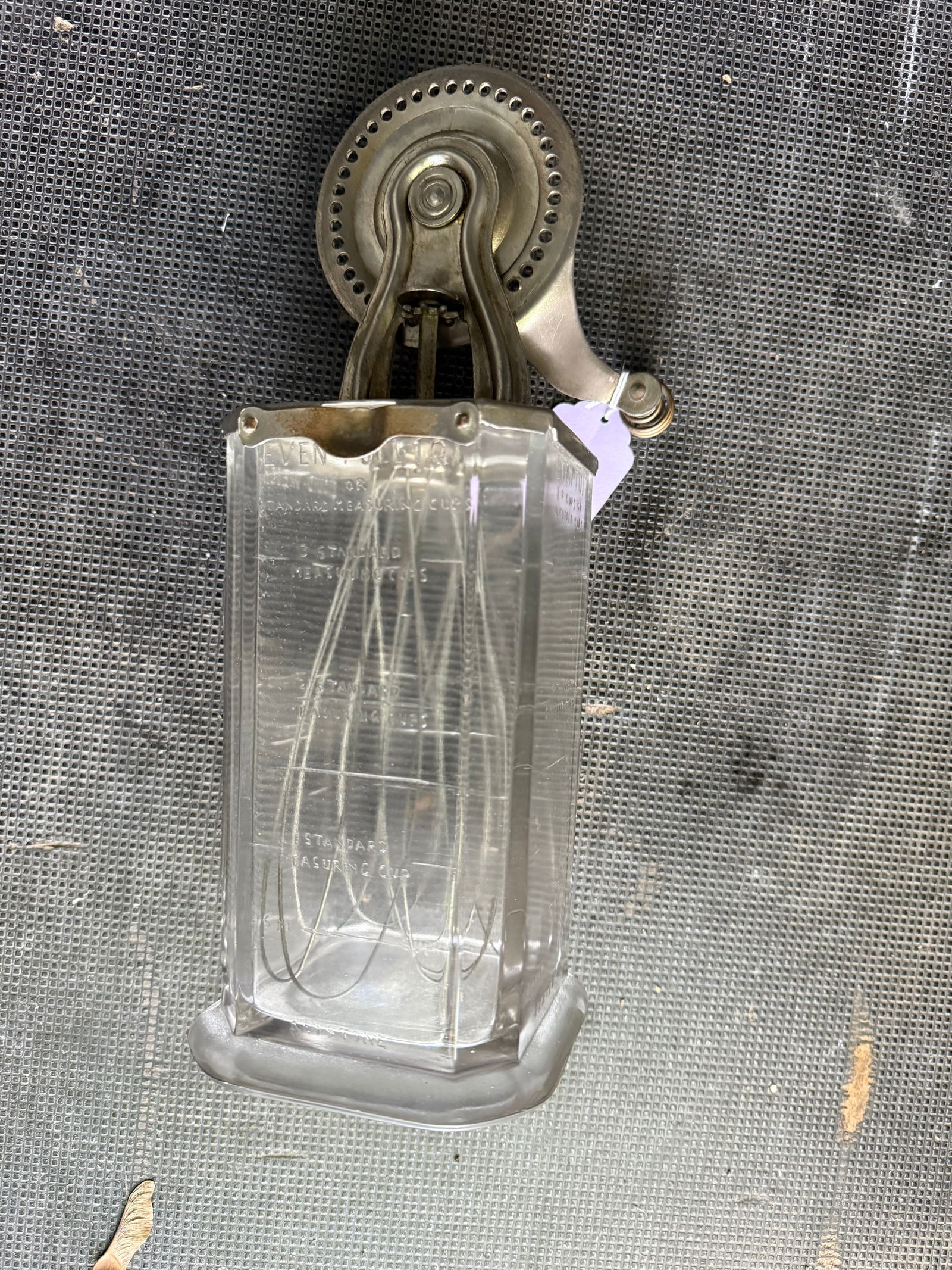 Vintage New Keystone Beater: Metal vintage hand crank egg beater and measuring glass jar. Made by Culinary Utilities Co around 1929. made metal and thick glass. 11.5 inches tall, 5" wide with hand crank3 3/4 " wide/square