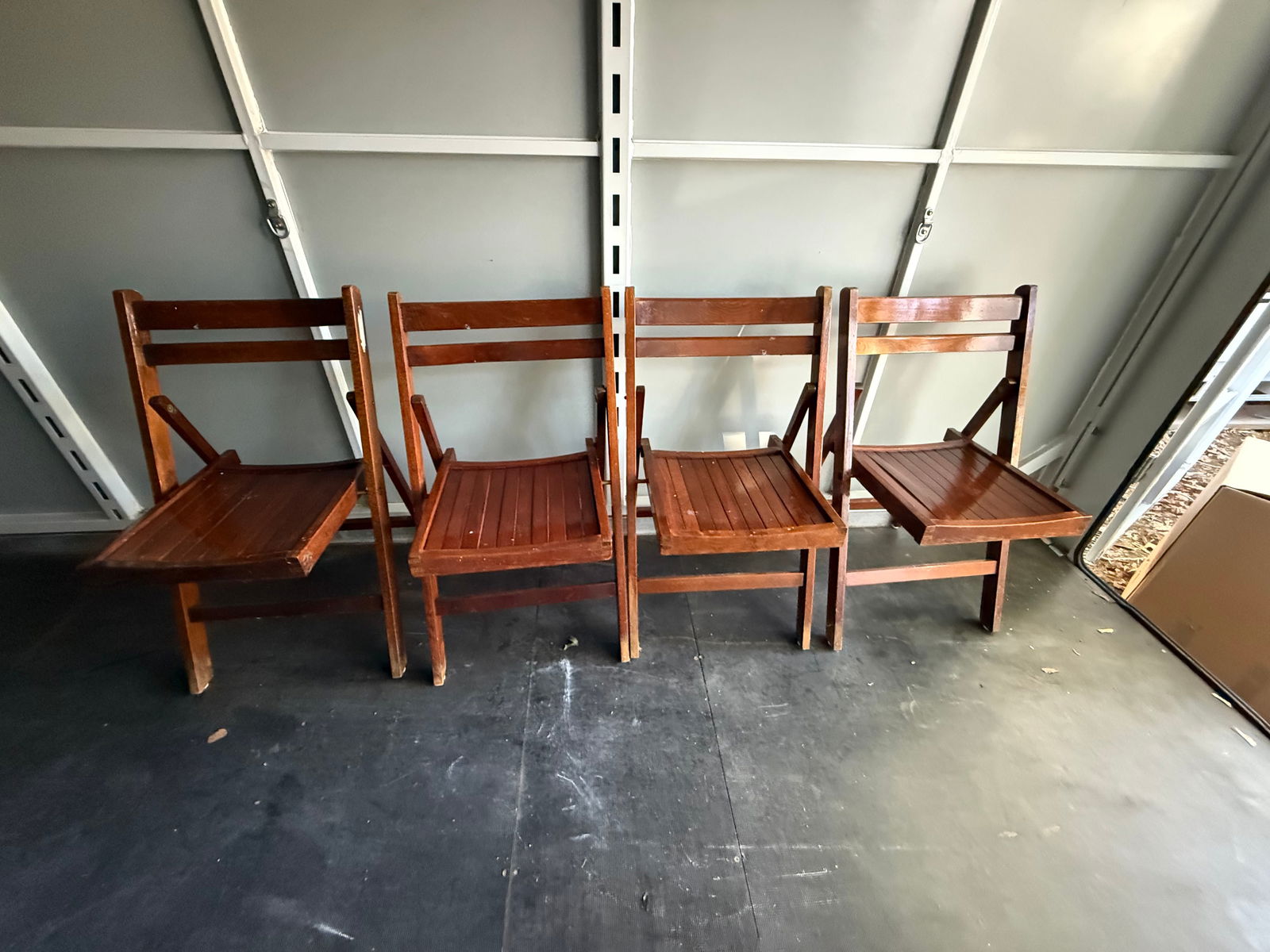 Vintage Romanian Wood Slated chairs: Ladder Back Wood Slat folding chairs. set of 4. 18x22x31.25