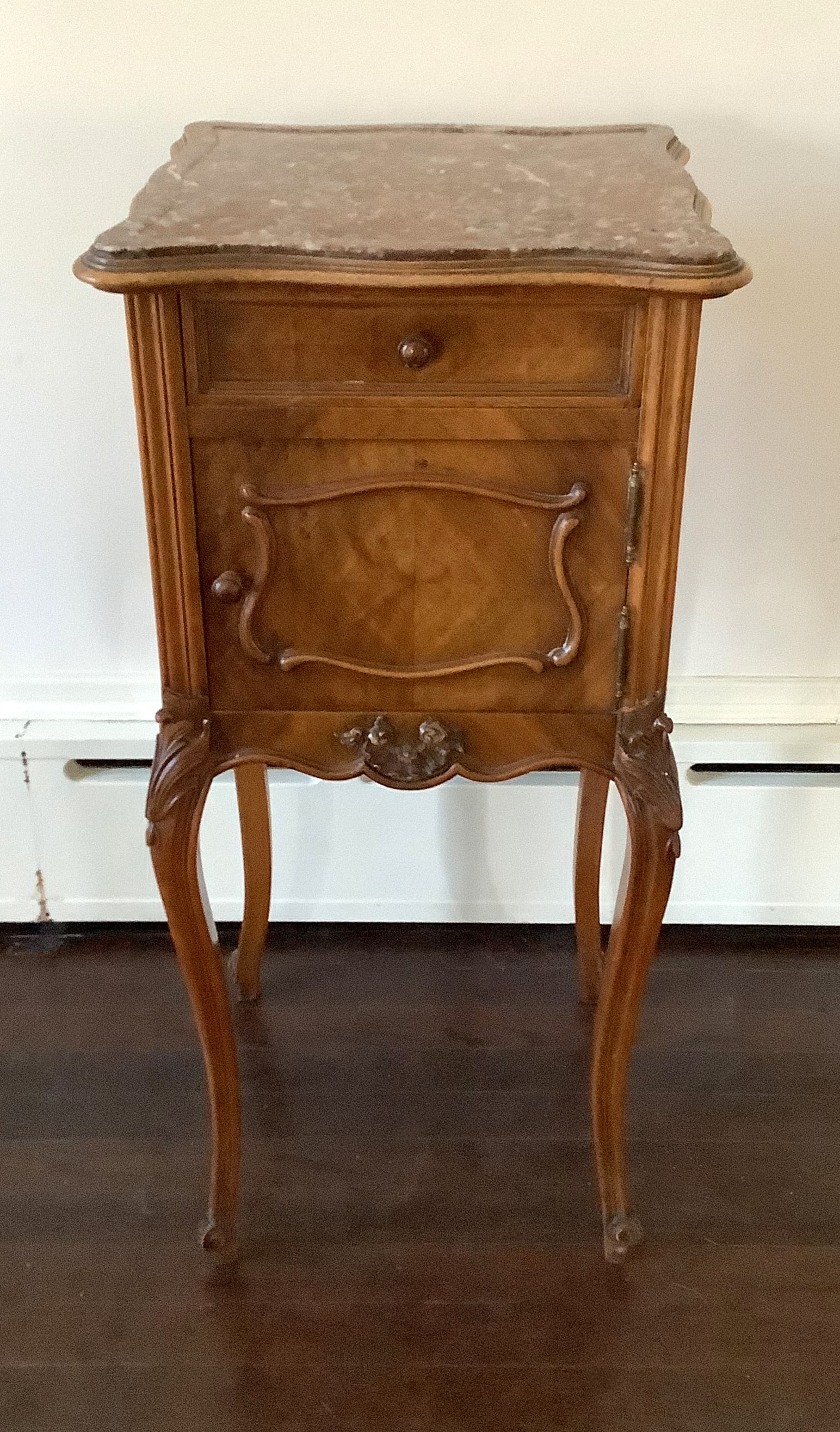 Antique Louis XV Style Nightstand: Walnut Nightstand with marble top. 15.5sqx33