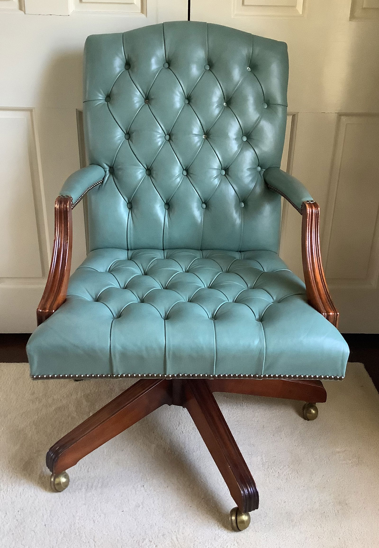 Vintage Leather Swivel Office Chair: Pale green leather tufted swivel office Chair by Baker Furniture 26x24x40