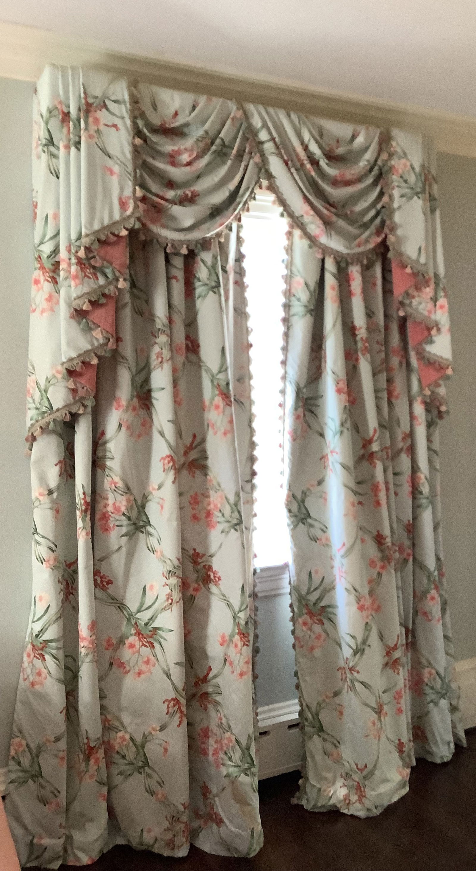 Vintage Curtains with Swag Valance: Two window sets of curtains. This is a veranda floral window treatment featuring a swag valance and curtains with a floral pattern and a 3" rod pocket. Pale Blue with Flowers 8.5hx6w