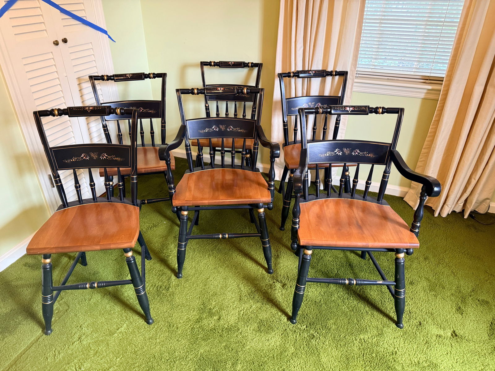 Dining Chairs: L. Hitchcock style dining chairs. Featuring a black finish, gold stenciling and a natural maple or cherry plank seat. These are examples of "fancy chairs" popular in the the early to mid 19th century.