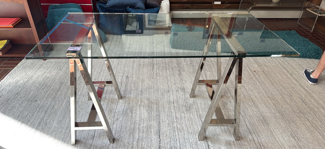 Chrome and Glass Table/Desk: Modern Glass Top Table that can be used for dining or as a desk. Polished metal "X" or cross legged base. 83 x 39 x 29