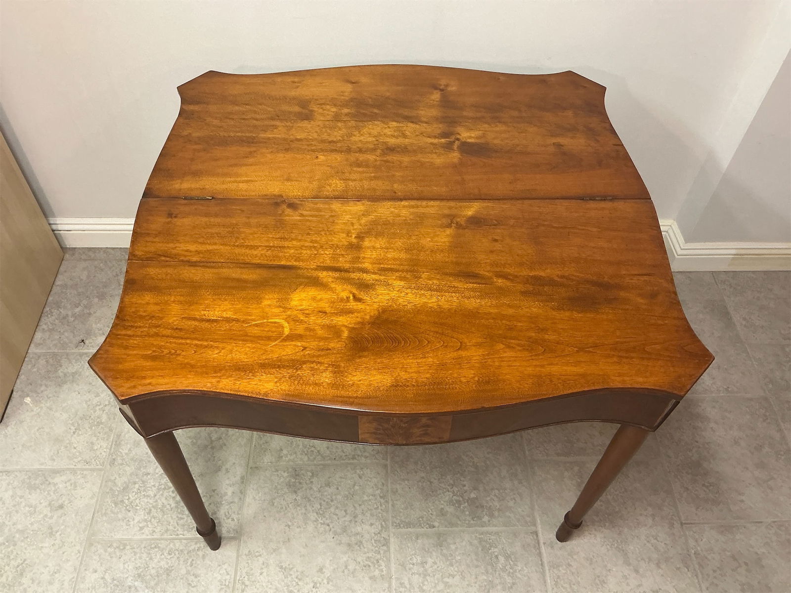 Antique flame oak drop leaf card table - 5