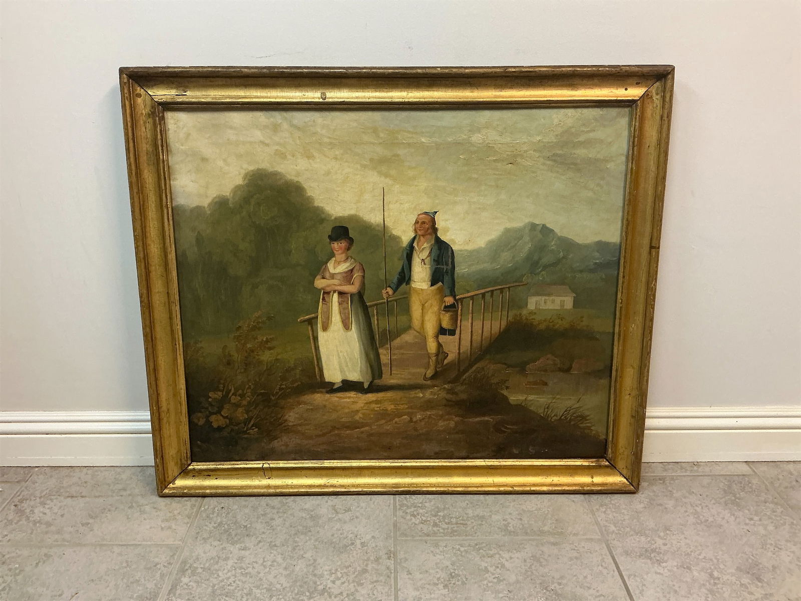 Antique oil on canvas Farmer & Daughter Going To Town: This antique oil painting on canvas titled "Farmer & His Daughter Going To Town" features a charming rural scene. The artwork depicts a farmer and his daughter walking across a bridge, surrounded by
